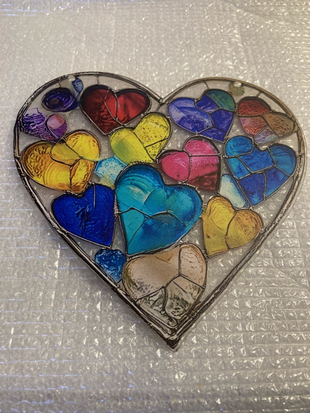 NWOT - 2D Flat Acrylic Hanging Rainbow Heart Sun Catcher & Gold Rope - Sz M